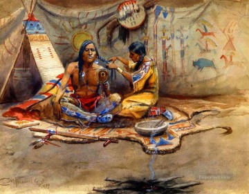 Salón de belleza indio 1899 Charles Marion Russell Los Indios Americanos Pinturas al óleo
